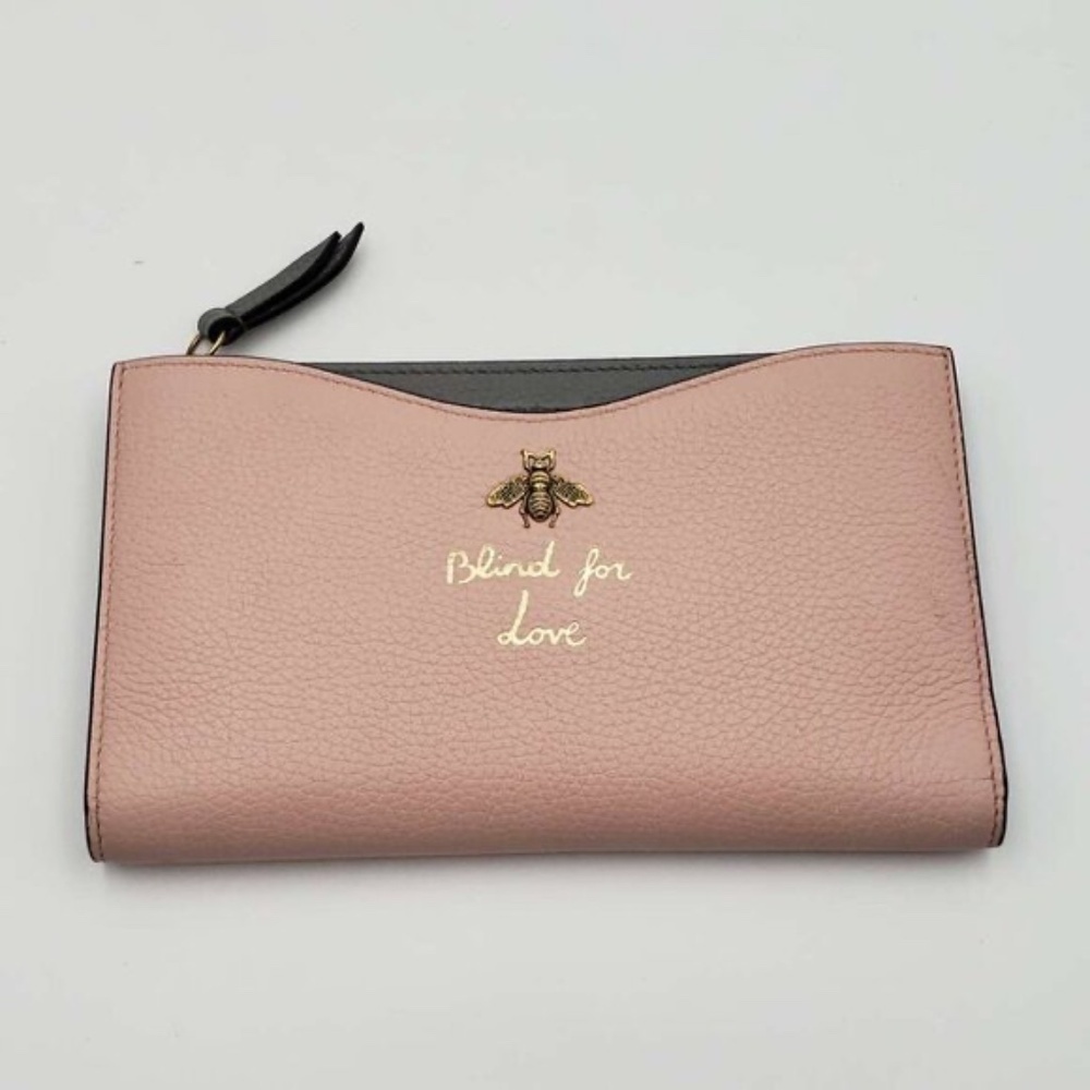 Authentic Gucci Bee Logo Pink Leather Zip Wallet Clutch|Luxury Designer Wristlet - Picture 3 of 15